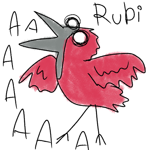 a scribbled drawing of a screaming juvenile pink moa. next to her is her name, rubi